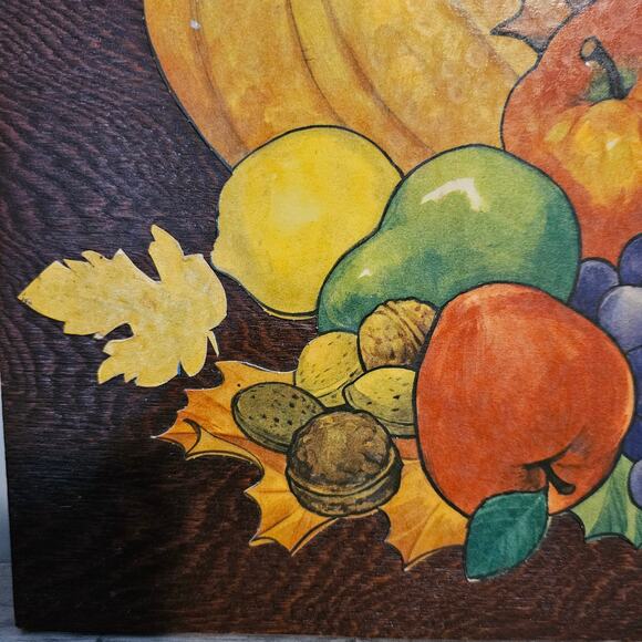 Vintage Cornucopia Wood Panel Picture 16" Thanksgiving Flowers Cottage 80s Fall - Picture 2 of 10